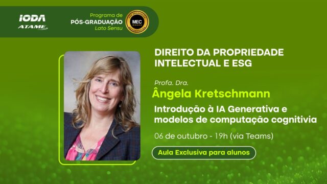A aula “Introdução à Inteligência Artificial Generativa e Modelos de Computação Cognitiva” , com a Profa. Dra. Ângela Kretschmann, acontece em 10/06/2025, às 19h , e discutirá os impactos da IA ​​na propriedade intelectual, na governança digital e na sustentabilidade, oferecendo visão crítica e aplicada aos desafios atuais.